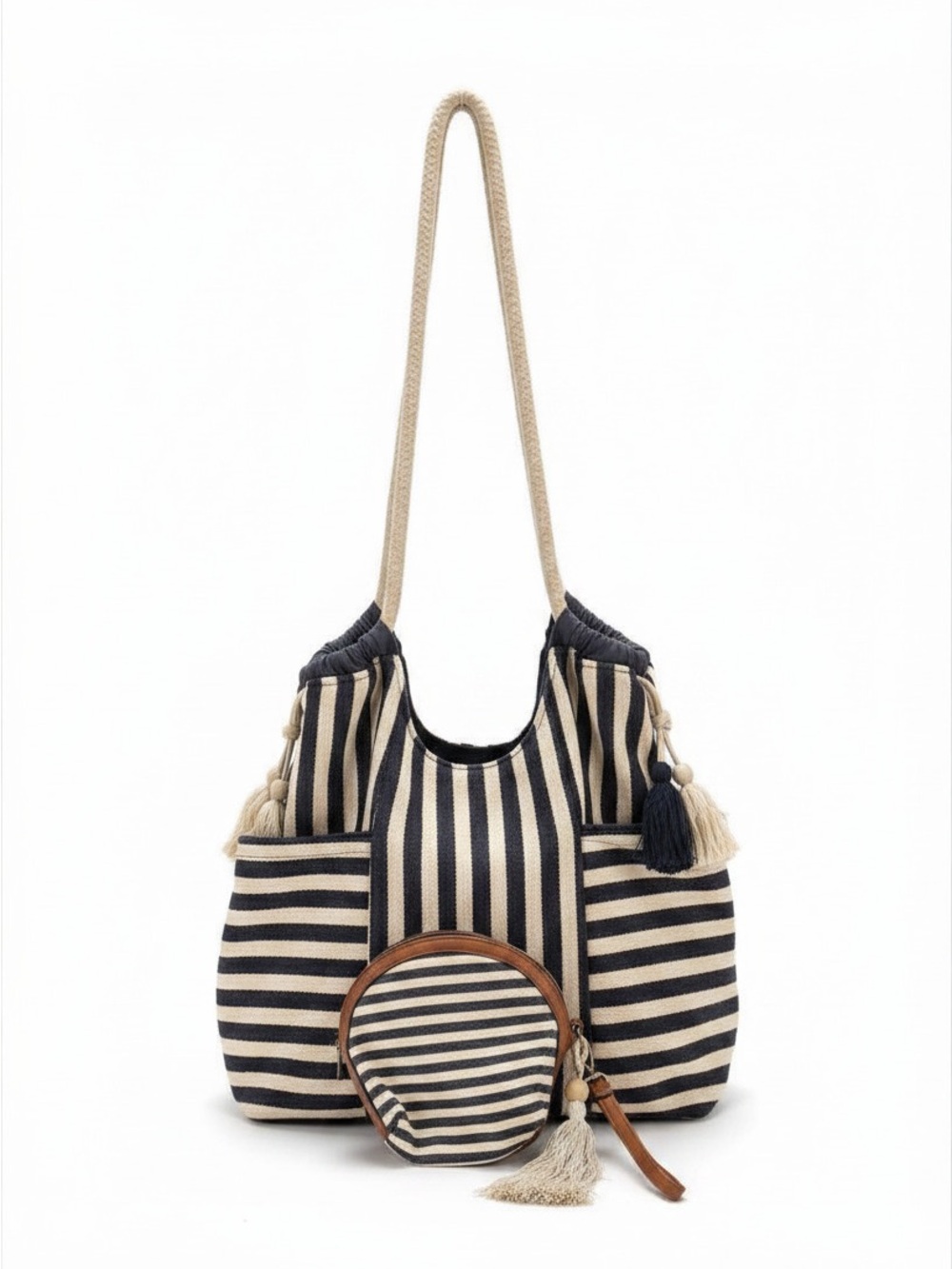 Baller Life Baseball Mom Striped Navy and Cream Tote Bag with Pouch